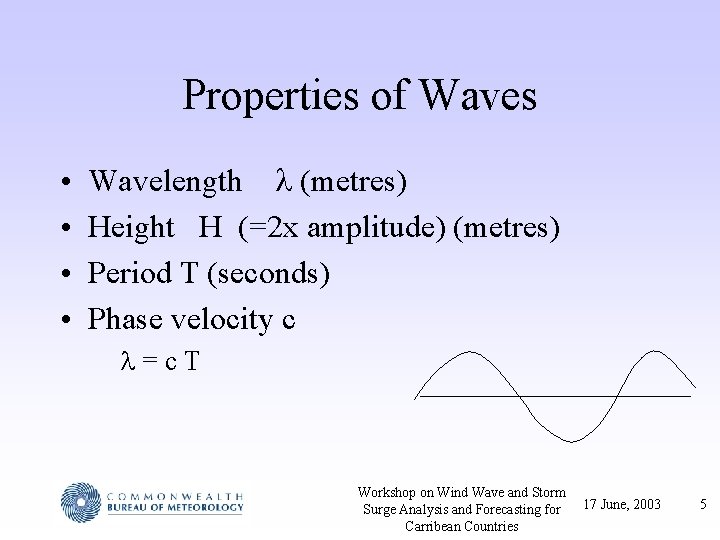 Properties of Waves • • Wavelength (metres) Height H (=2 x amplitude) (metres) Period