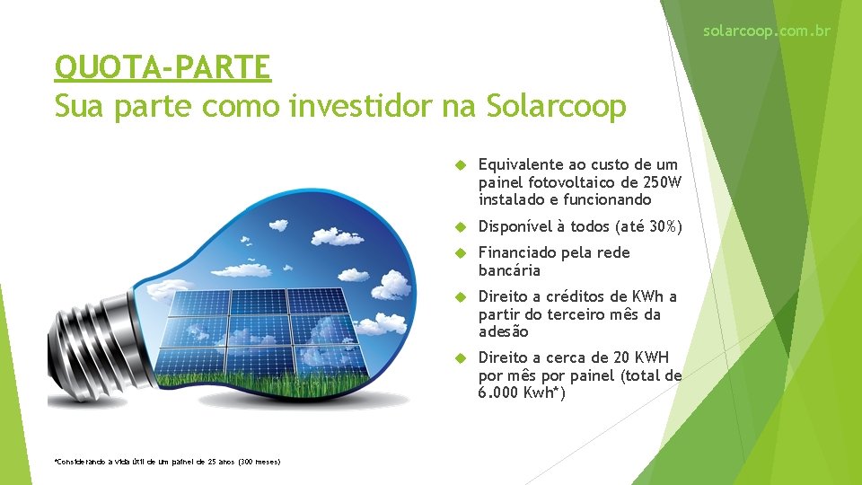 solarcoop. com. br QUOTA-PARTE Sua parte como investidor na Solarcoop *Considerando a vida útil