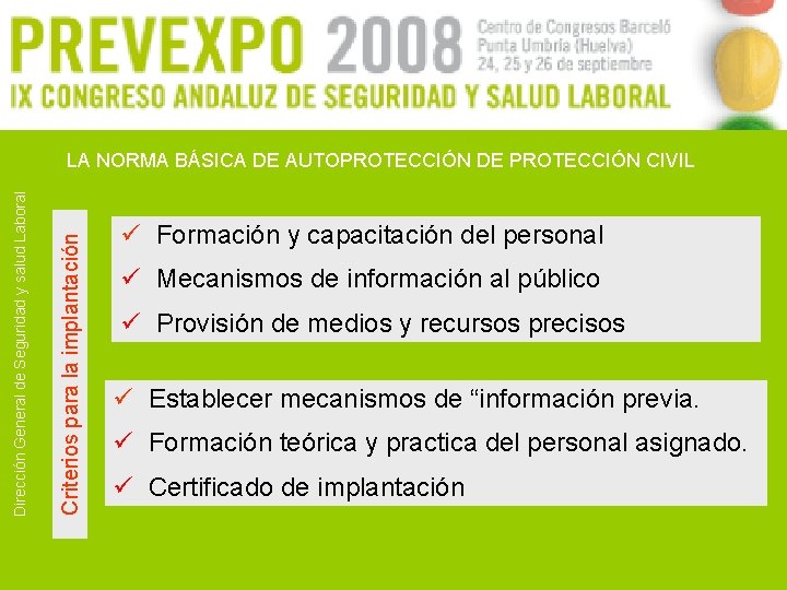 Criterios para la implantación Dirección General de Seguridad y salud Laboral LA NORMA BÁSICA