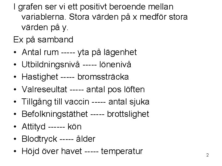 I grafen ser vi ett positivt beroende mellan variablerna. Stora värden på x medför