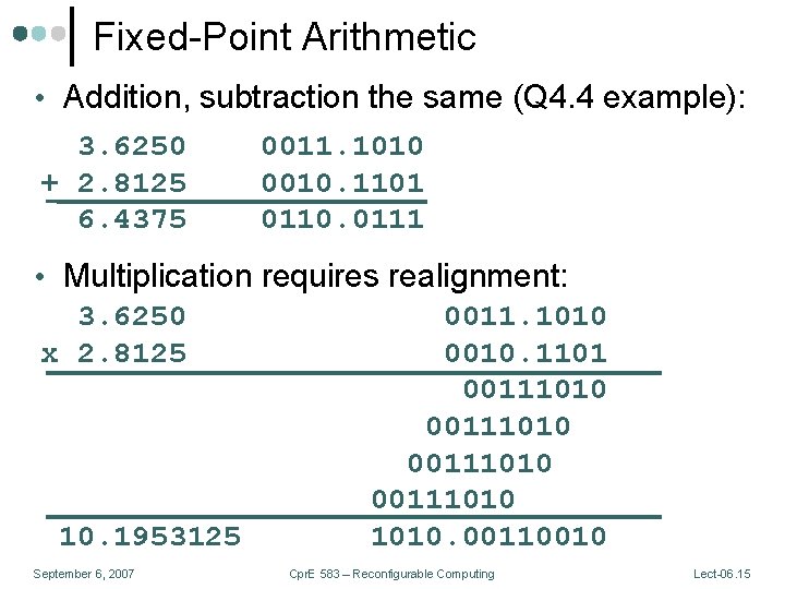 Fixed-Point Arithmetic • Addition, subtraction the same (Q 4. 4 example): 3. 6250 +