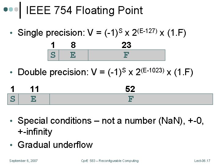 IEEE 754 Floating Point • Single precision: V = (-1)S x 2(E-127) x (1.