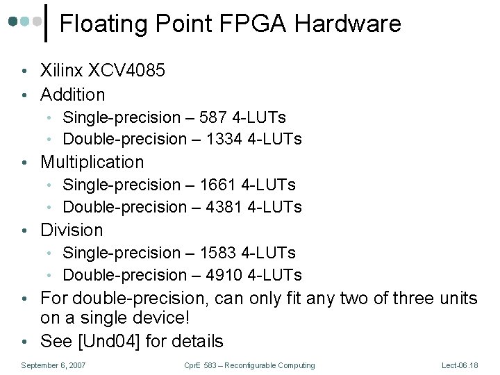Floating Point FPGA Hardware • Xilinx XCV 4085 • Addition • Single-precision – 587