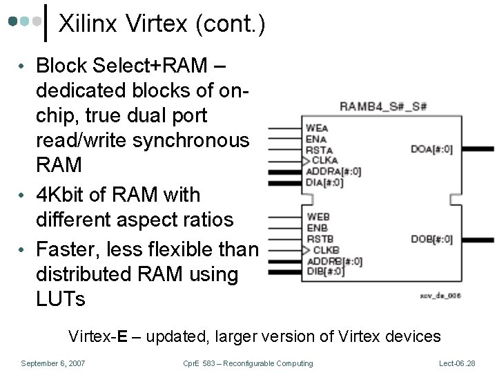 Xilinx Virtex (cont. ) • Block Select+RAM – dedicated blocks of onchip, true dual