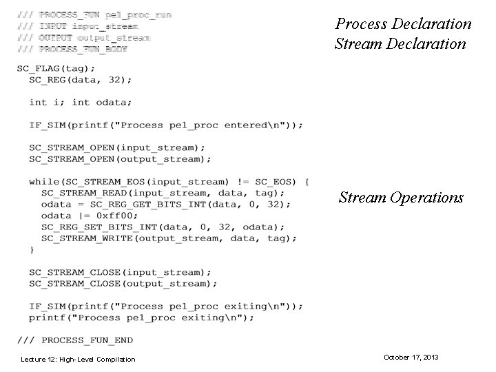 Process Declaration Stream Operations Lecture 12: High-Level Compilation October 17, 2013 