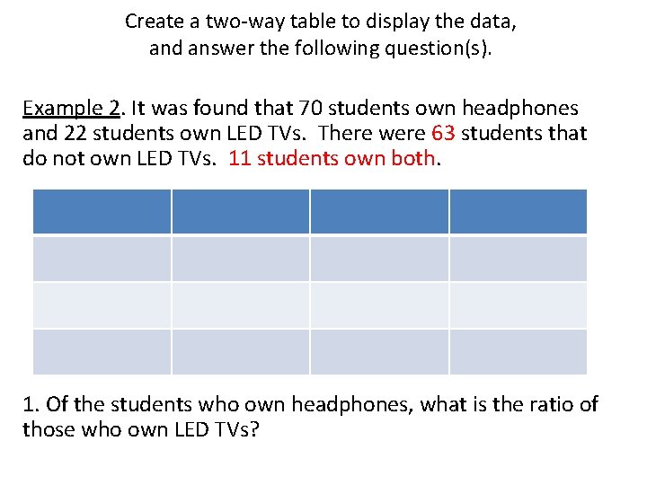 Create a two-way table to display the data, and answer the following question(s). Example Create a two-way table to display the data, and answer the following question(s). Example