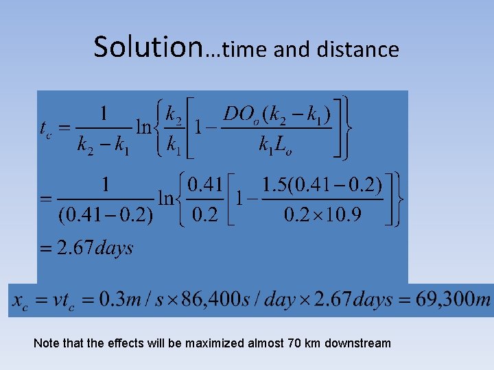 Solution…time and distance Note that the effects will be maximized almost 70 km downstream