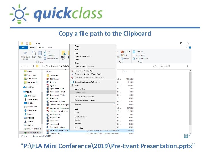 Copy a file path to the Clipboard "P: FLA Mini Conference2019Pre-Event Presentation. pptx" 