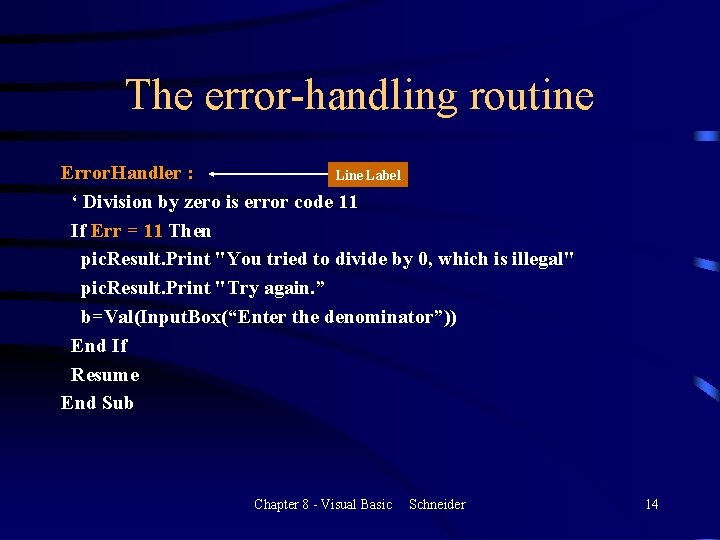 The error-handling routine Error. Handler : Line Label ‘ Division by zero is error The error-handling routine Error. Handler : Line Label ‘ Division by zero is error