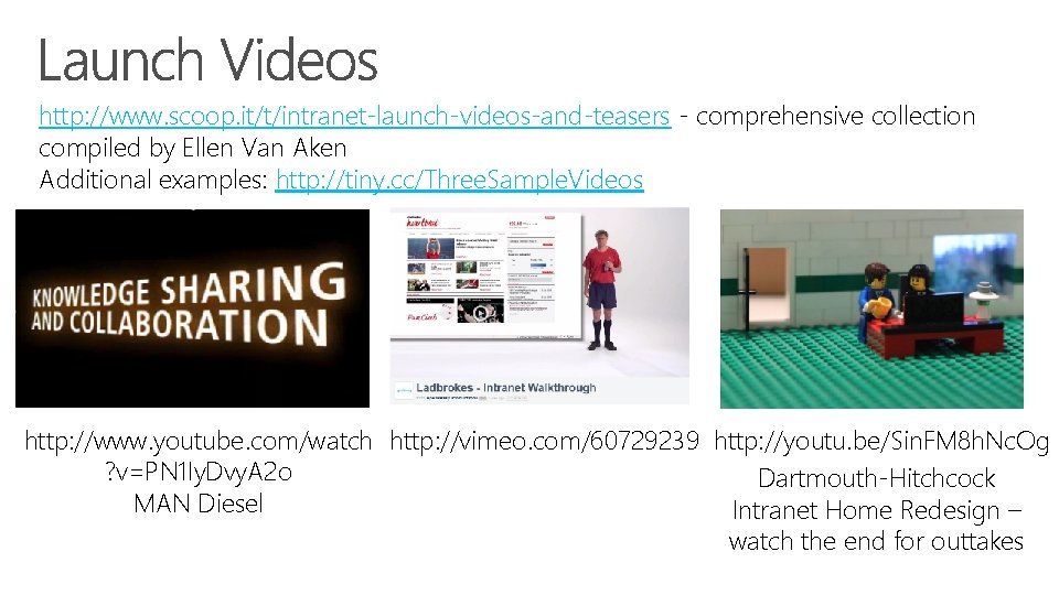 http: //www. scoop. it/t/intranet-launch-videos-and-teasers - comprehensive collection compiled by Ellen Van Aken Additional examples: