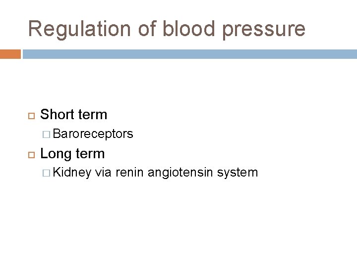 Regulation of blood pressure Short term � Baroreceptors Long term � Kidney via renin