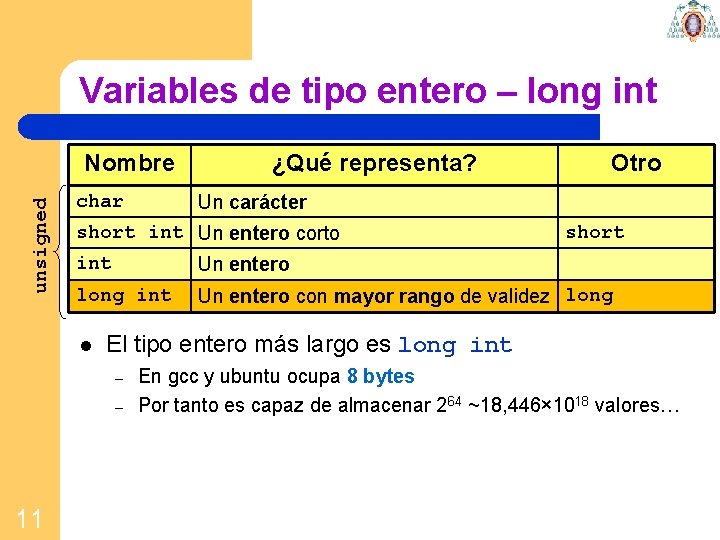 Variables de tipo entero – long int unsigned Nombre char Otro Un carácter short