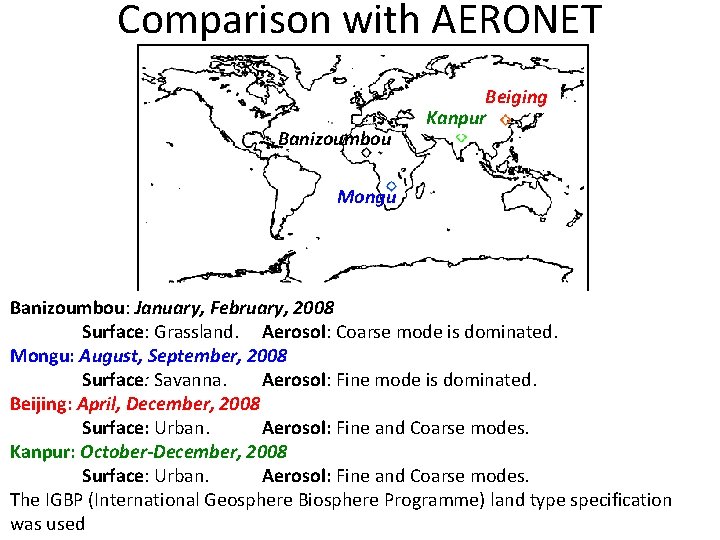 Comparison with AERONET Banizoumbou Beiging Kanpur Mongu Banizoumbou: January, February, 2008 Surface: Grassland. Aerosol: