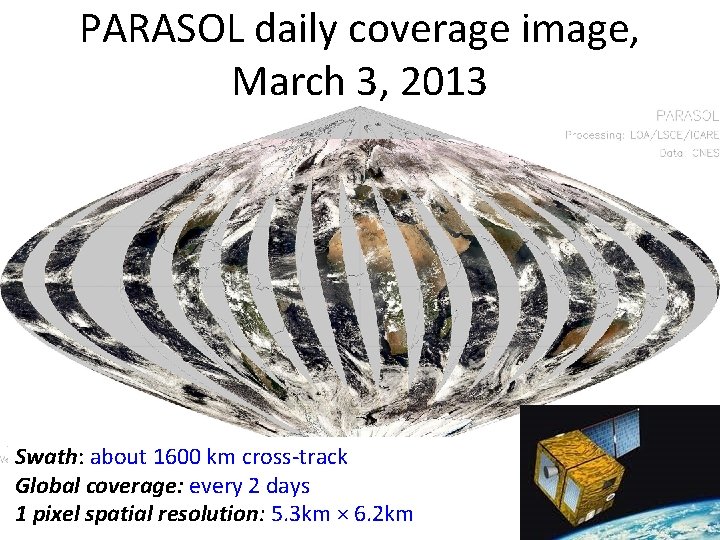 PARASOL daily coverage image, March 3, 2013 Swath: about 1600 km cross-track Global coverage: