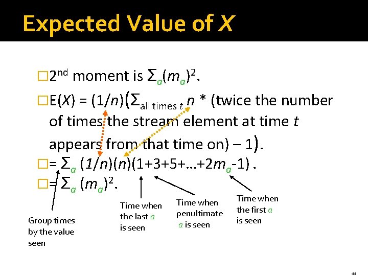 Expected Value of X � 2 nd moment is Σa(ma)2. �E(X) = (1/n)(Σall times