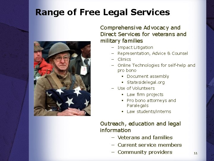 Range of Free Legal Services Comprehensive Advocacy and Direct Services for veterans and military