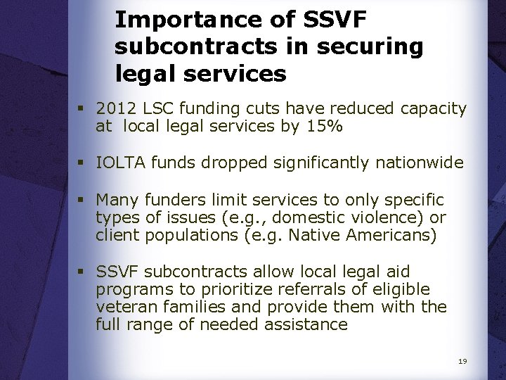 Importance of SSVF subcontracts in securing legal services § 2012 LSC funding cuts have