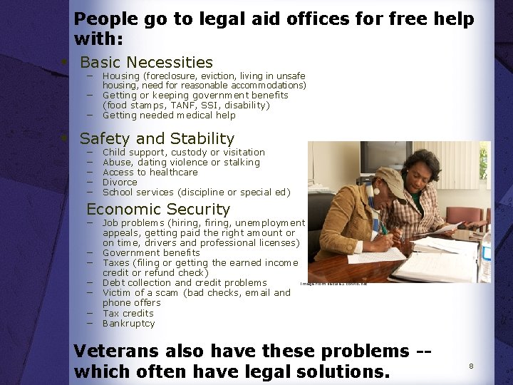 People go to legal aid offices for free help with: § Basic Necessities −
