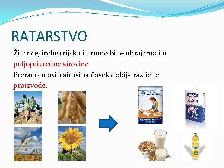 RATARSTVO Žitarice, industrijsko i krmno bilje ubrajamo i u poljoprivredne sirovine. Preradom ovih sirovina