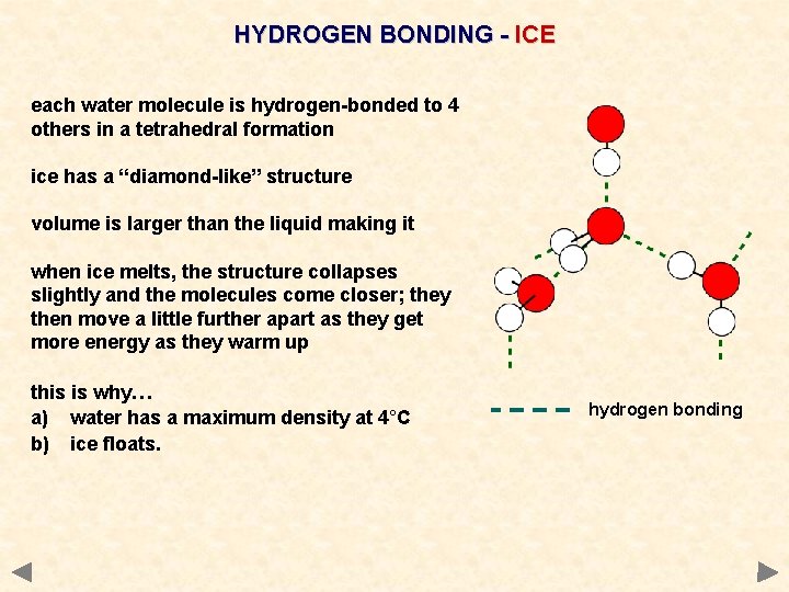 HYDROGEN BONDING - ICE each water molecule is hydrogen-bonded to 4 others in a