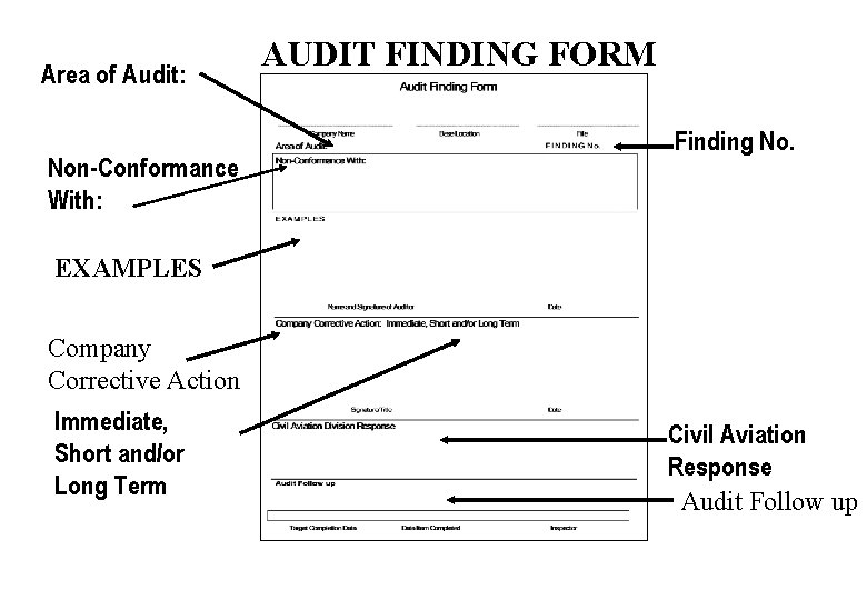Area of Audit: Non-Conformance With: AUDIT FINDING FORM Finding No. EXAMPLES Company Corrective Action
