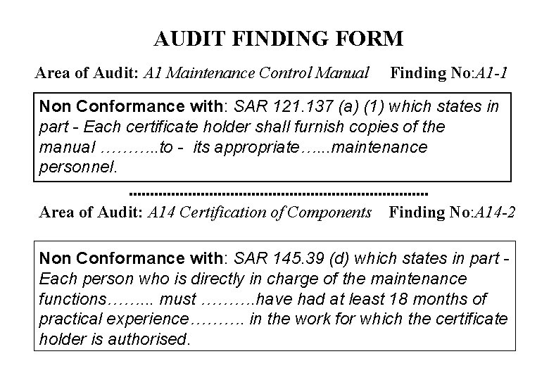 AUDIT FINDING FORM Area of Audit: A 1 Maintenance Control Manual Finding No: A
