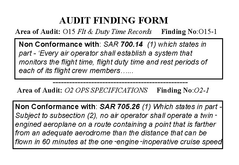AUDIT FINDING FORM Area of Audit: O 15 Flt & Duty Time Records Finding