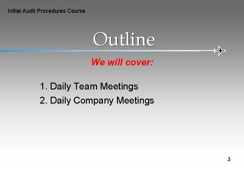 Initial Audit Procedures Course Outline We will cover: 1. Daily Team Meetings 2. Daily