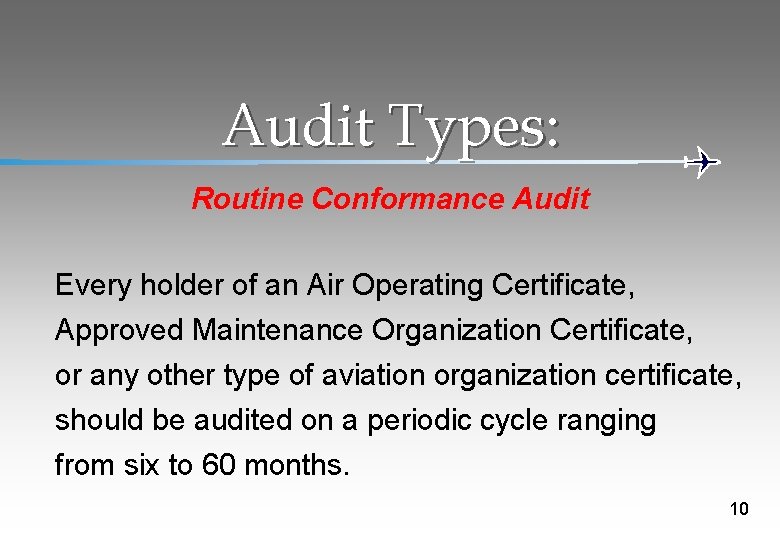 Audit Types: Routine Conformance Audit Every holder of an Air Operating Certificate, Approved Maintenance