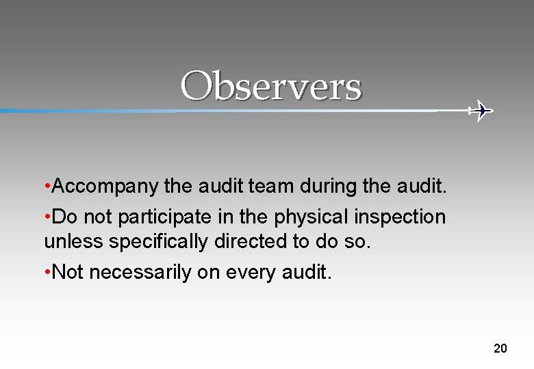 Observers • Accompany the audit team during the audit. • Do not participate in
