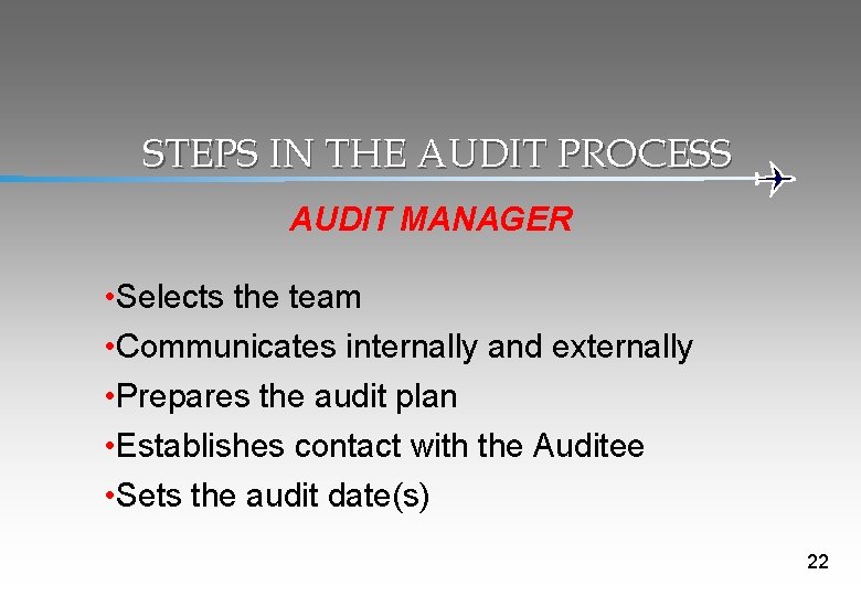 STEPS IN THE AUDIT PROCESS AUDIT MANAGER • Selects the team • Communicates internally
