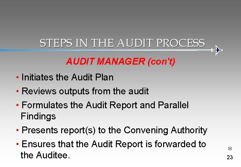 STEPS IN THE AUDIT PROCESS AUDIT MANAGER (con't) • Initiates the Audit Plan •