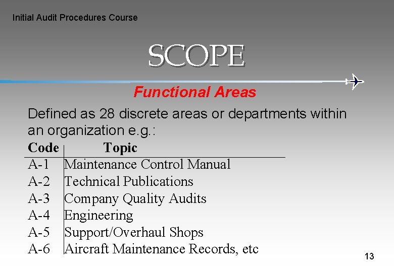 Initial Audit Procedures Course SCOPE Functional Areas Defined as 28 discrete areas or departments