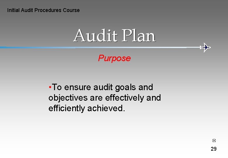 Initial Audit Procedures Course Audit Plan Purpose • To ensure audit goals and objectives