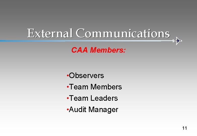 External Communications CAA Members: • Observers • Team Members • Team Leaders • Audit