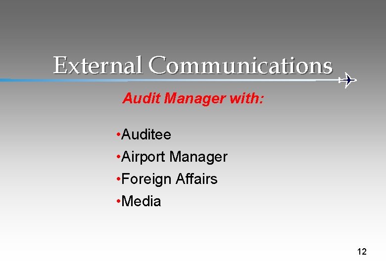 External Communications Audit Manager with: • Auditee • Airport Manager • Foreign Affairs •