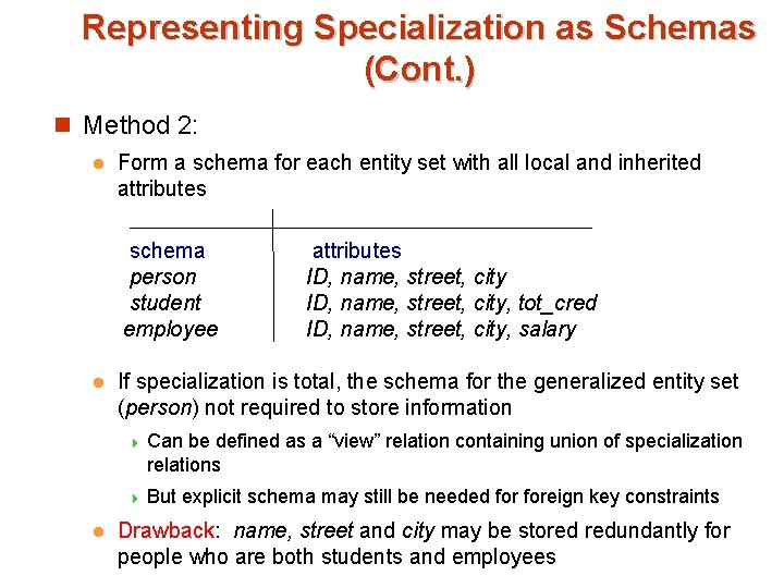 Representing Specialization as Schemas (Cont. ) n Method 2: l Form a schema for Representing Specialization as Schemas (Cont. ) n Method 2: l Form a schema for