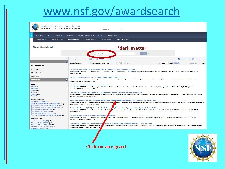 www. nsf. gov/awardsearch ‘dark matter’ Click on any grant 