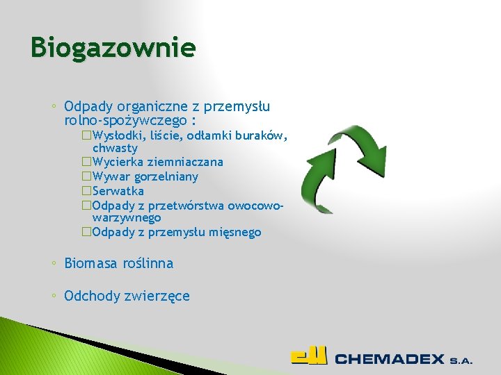 Biogazownie ◦ Odpady organiczne z przemysłu rolno-spożywczego : �Wysłodki, liście, odłamki buraków, chwasty �Wycierka