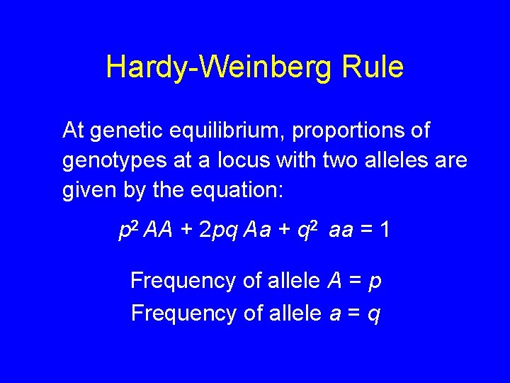 Hardy-Weinberg Rule At genetic equilibrium, proportions of genotypes at a locus with two alleles