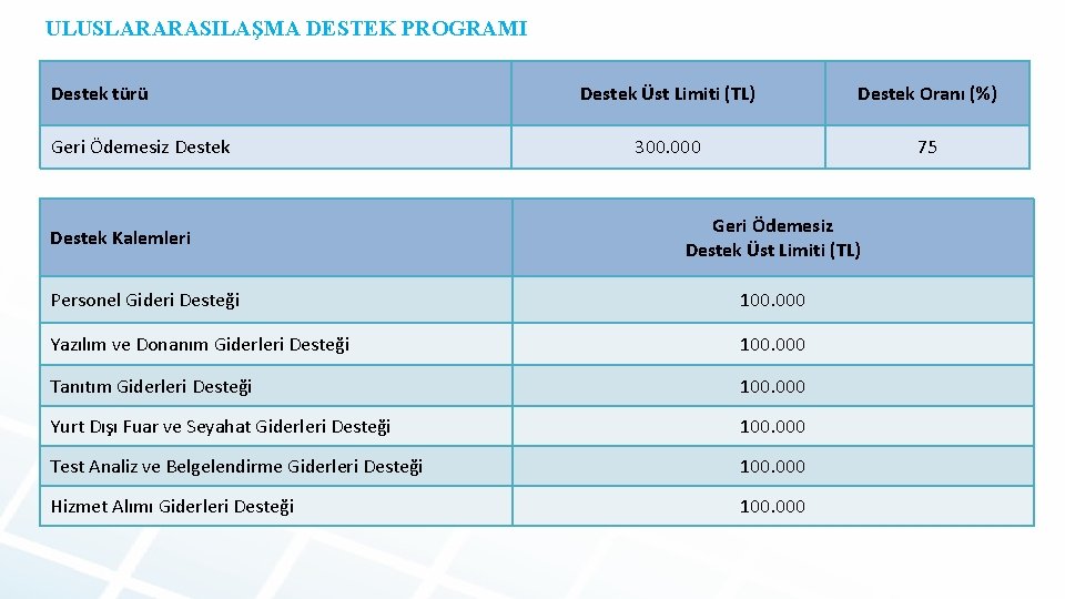 ULUSLARARASILAŞMA DESTEK PROGRAMI Destek türü Geri Ödemesiz Destek Kalemleri Destek Üst Limiti (TL) Destek