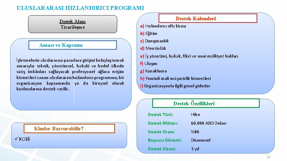 ULUSLARARASI HIZLANDIRICI PROGRAMI Destek Alanı Ticarileşme Destek Kalemleri a) Hızlandırıcı ofis kirası b) Eğitim