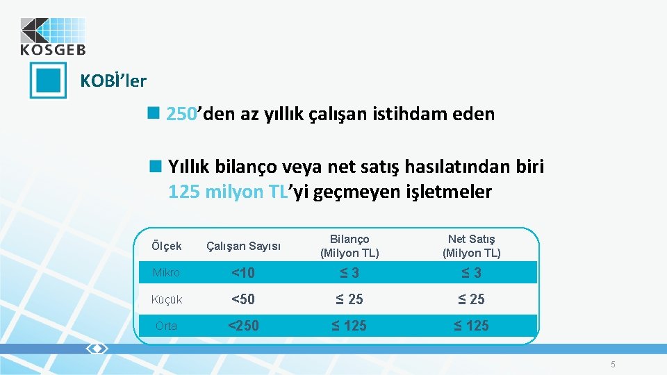 KOBİ’ler 250’den az yıllık çalışan istihdam eden Yıllık bilanço veya net satış hasılatından biri