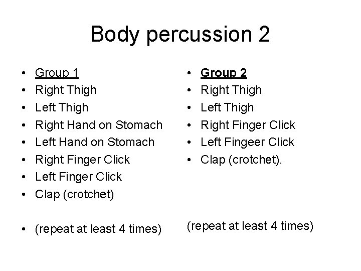 Body percussion 2 • • Group 1 Right Thigh Left Thigh Right Hand on
