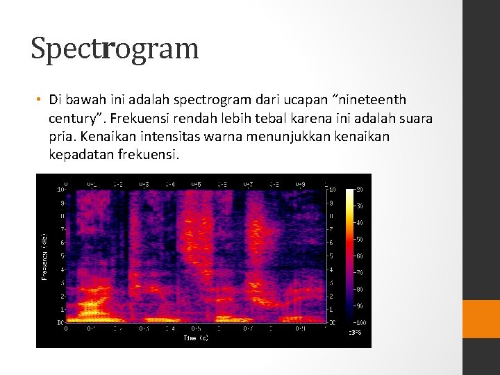 Spectrogram • Di bawah ini adalah spectrogram dari ucapan “nineteenth century”. Frekuensi rendah lebih