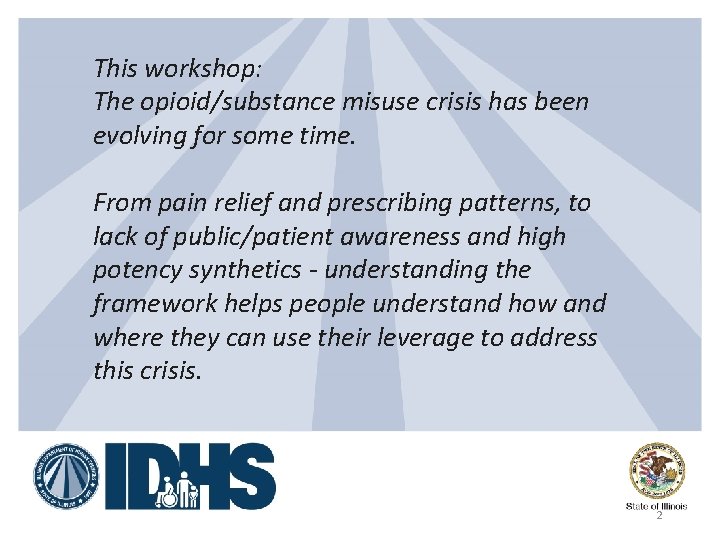 This workshop: The opioid/substance misuse crisis has been evolving for some time. From pain