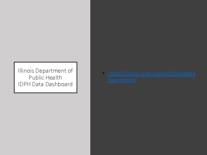 Illinois Department of Public Health IDPH Data Dashboard • https: //idph. illinois. gov/Opioid. Data