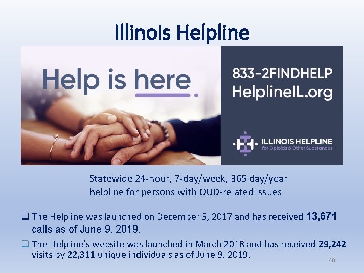 Illinois Helpline Statewide 24 -hour, 7 -day/week, 365 day/year helpline for persons with OUD-related