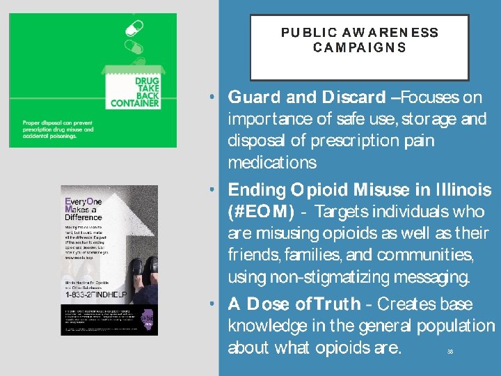 PUBLIC AWARENESS CAMPAIGNS • Guard and Discard –Focuses on importance of safe use, storage