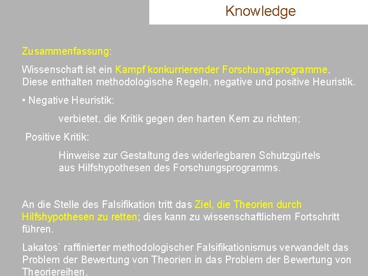 Knowledge Zusammenfassung: Wissenschaft ist ein Kampf konkurrierender Forschungsprogramme. Diese enthalten methodologische Regeln, negative und